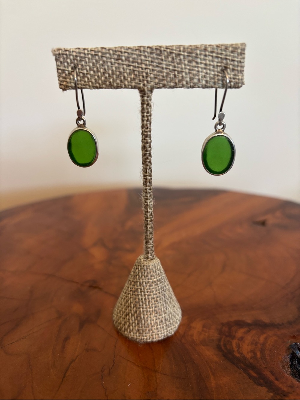 Green Sea Glass Oval Drop Earrings-Sterling Silver